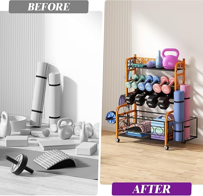 Dumbbell Rack, VOPEAK Weight Rack for Home Gym, Home Gym Storage Rack for Yoga Mat Kettlebells and Strength Training Equipment, Weight Storage Rack for Dumbbells with Wheels