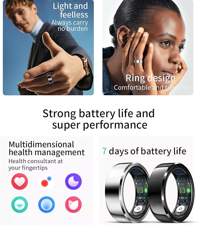 HitTopss Smart Ring, Fitness Sleep Health Tracker Rings for Men Women, No APP Subscription, Sleep Tracking, Heart Rate, Blood Oxygen, IP68 Waterproof (Silver,10#)