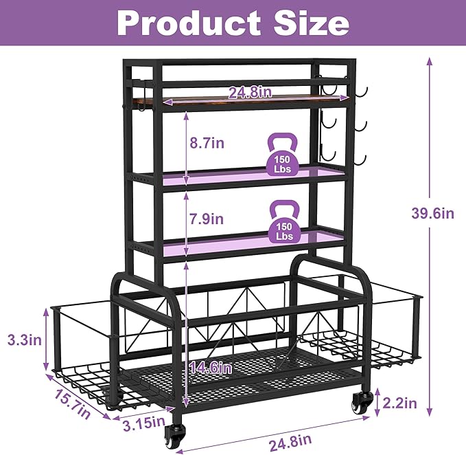 Dumbbell Rack, Home Gym Storage, Gym Storage Rack with Hooks and Wheels,Gym Equipment Storage,Weight Rack for Dumbbells for Organizing Yoga Mats, Kettlebells,Dumbbells, Foam Rollers and ball