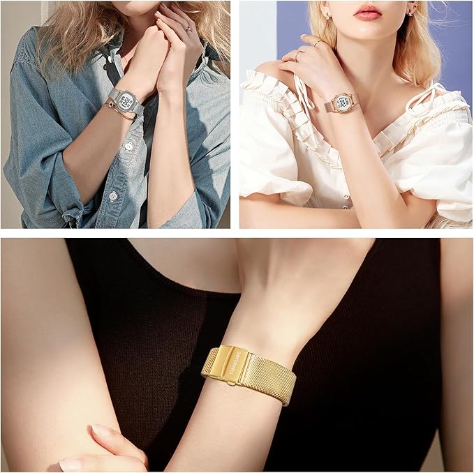 Women's Step Counter Pedometer Watch with Stainless Steel Bracelet, Stylish Design, No App, No Charging Needed for Step, Calorie, Distance, Alarm, Countdown Timer,TU-2401