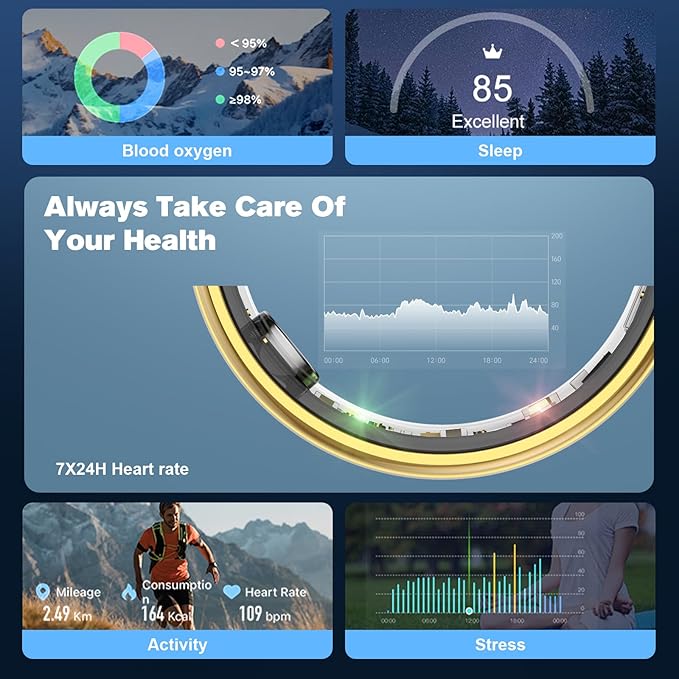 Smart Ring Health Tracker for Men/Women,Fitness Ring Sleep Tracker,Fast Charging for Long-Lasting Use,for Pedometer Exercise,Monitor Sleep, Heart Rate, Stress,Waterproof (Gold, 11)