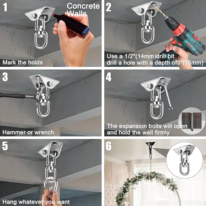 Hammock Hanging Kit,Hanging Chair Hardware 360°Rotating 1200 lb Capacity Hammock Hooks Heavy Duty,Hammock Chair Hanging Kit & Swing Ceiling Hook Snap for Hammock Chair Stand,Seat,Tree,Yoga,Gym(Silver)