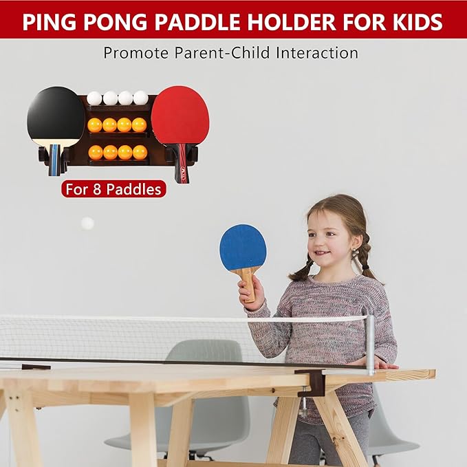 Ping Pong Paddle Holder, Ping Pong Paddle Storage Rack Wall Mounted Holds 8 Paddles and 12 Balls, Table Tennis Racket Display Organizer for Game Room,Home