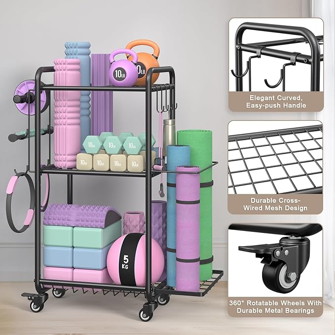 Weight Rack for Home Gym, All in One Yoga Mat Storage Rack, Workout Equipment Storage with Wheels and Hooks for Dumbbells Kettlebells Foam Rollers, Powder Coated Finish Steel