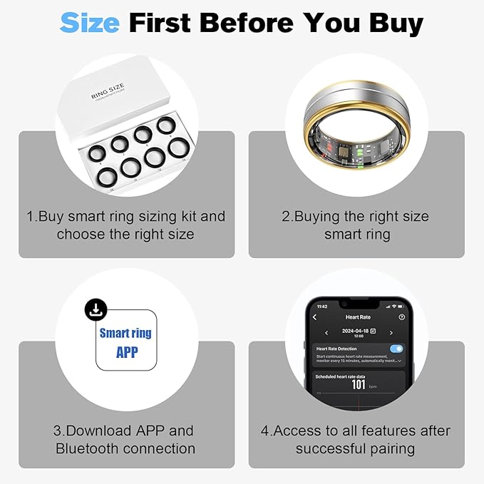 Smart Ring Health Tracker for Men/Women,Fitness Ring Sleep Tracker,Fast Charging for Long-Lasting Use,for Pedometer Exercise,Monitor Sleep, Heart Rate, Stress,Waterproof (Silver, 9)