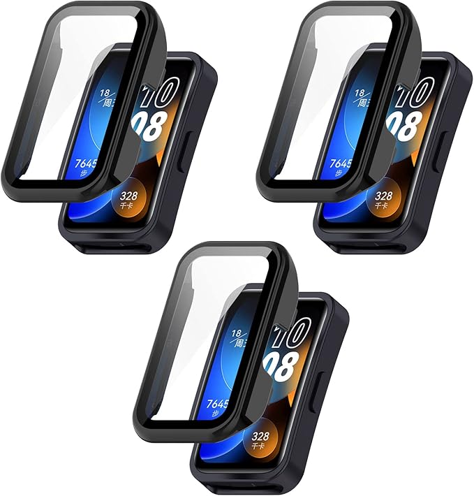 FitTurn Compatible with Huawei Band 10/10 NFC/9/9NFC/8/8NFC Screen Protector Cases Replacement PC Slim Case Cover 3D Full Coverage Tempered Glass Screen Protector for Huawei Band 10 Fitness Tracker Watch (Black*3)