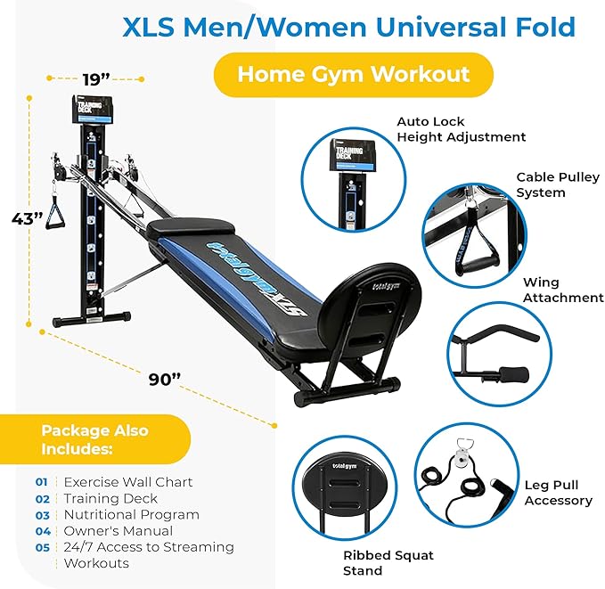 Total Gym XLS Men/Women Universal Total Body Training Home Gym Workout Machine with Squat Stand, Leg Pull, 2 Ankle Cuffs, and Exercise Chart