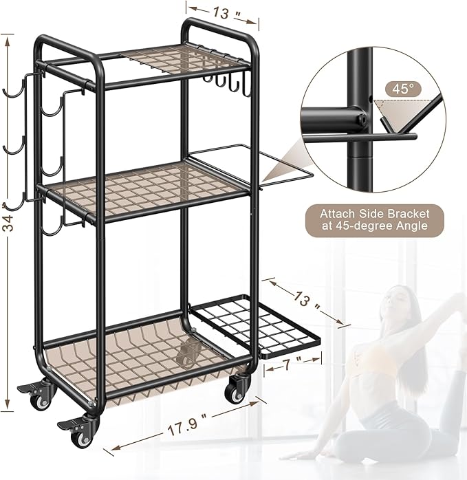 Weight Rack for Home Gym, All in One Yoga Mat Storage Rack, Workout Equipment Storage with Wheels and Hooks for Dumbbells Kettlebells Foam Rollers, Powder Coated Finish Steel