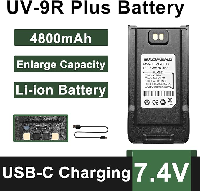 BAOFENG UV-9G Battery USB-C Charger Enlarge 4800mAh Capacity BL-9 Li-ion UV-9R Plus GMRS-9R Accessories BF-T57 Walkie