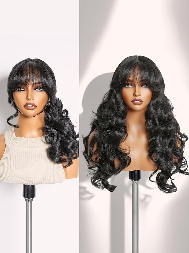 GORGIUS Glueless Wavy Wig with Bangs Natural Black Synthetic Curtain Bang Wig with Realistic Scalp 22 Inch