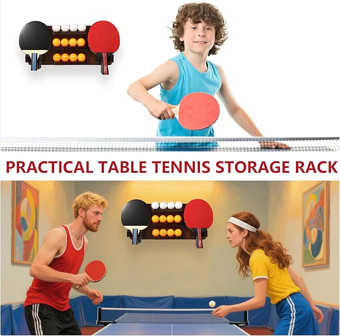 Ping Pong Paddle Holder, Ping Pong Paddle Storage Rack Wall Mounted Holds 8 Paddles and 12 Balls, Table Tennis Racket Display Organizer for Game Room,Home