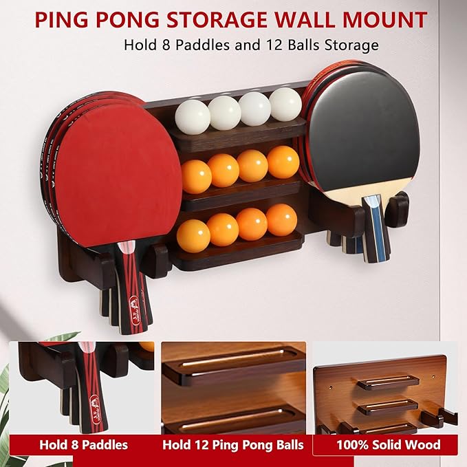Ping Pong Paddle Holder, Ping Pong Paddle Storage Rack Wall Mounted Holds 8 Paddles and 12 Balls, Table Tennis Racket Display Organizer for Game Room,Home