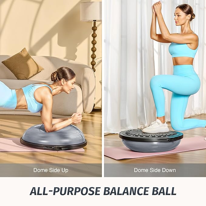 ZELUS 25in. Balance Ball | 660lb Inflatable Half Exercise Ball Wobble Board Balance Trainer w Nonslip Base | Half Yoga Ball Strength Training Equipment w 2 Bands, Pump, Extra Ball Included