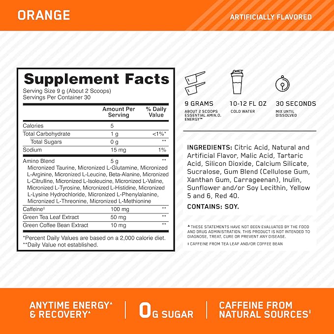 Optimum Nutrition Amino Energy - Pre Workout with Green Tea, BCAA, Amino Acids, Keto Friendly, Green Coffee Extract, Energy Powder - Orange Cooler, 30 Servings (Packaging May Vary)