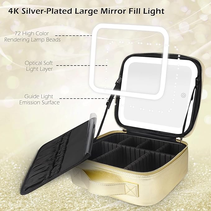 MOMIRA Makeup Bag with Mirror and Light Travel Makeup Train Case Cosmetic Bag Organizer Portable Artist Storage Bag with Adjustable Dividers Makeup Brushes Storage Organizer Golden