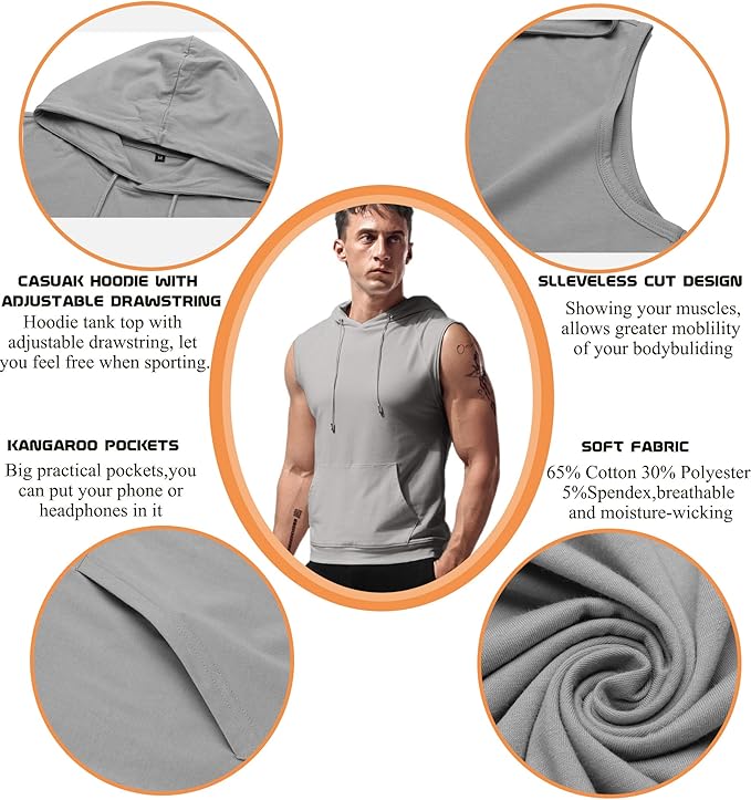 Babioboa Men's Workout Hooded Tank Tops Sleeveless Gym Hoodies Bodybuilding Muscle Cut Off T-Shirts