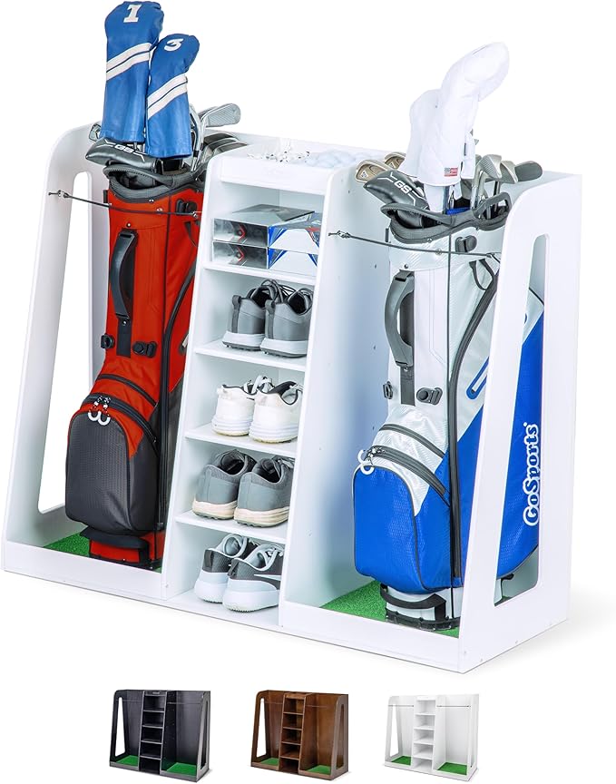 GoSports Premium Wooden Golf Bag Organizer and Storage Rack - Black, White or Brown Finish - Holds 2 Golf Bags