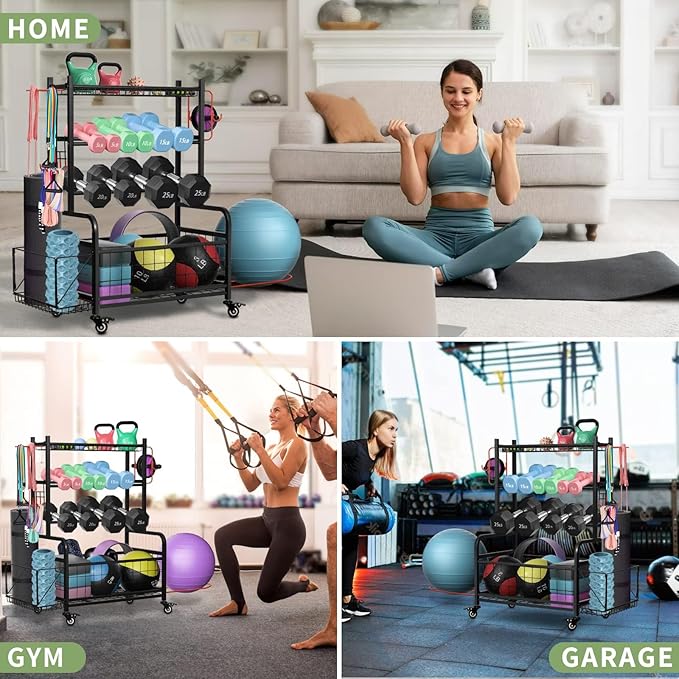 Weight Rack for Dumbbells, Dumbbell Rack Home Gym Storage Stand for Yoga Mat Kettlebells and Strength Training Fitness Equipment, Weight Holder Rack for Dumbbells with Wheels