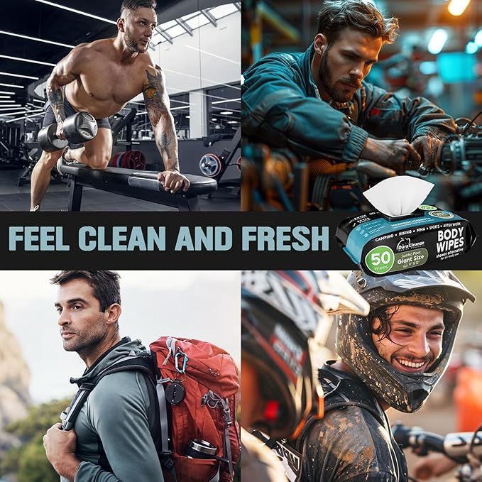 Body Wipes for Men (2pk) - 100 XL No Rinse Shower Sheets + 8 Travel Bath Wipes - 9"x12" After Gym Adult Washcloths - Mens Deodorant & Face Towels For Camping Essentials, Survival Gear and Supplies