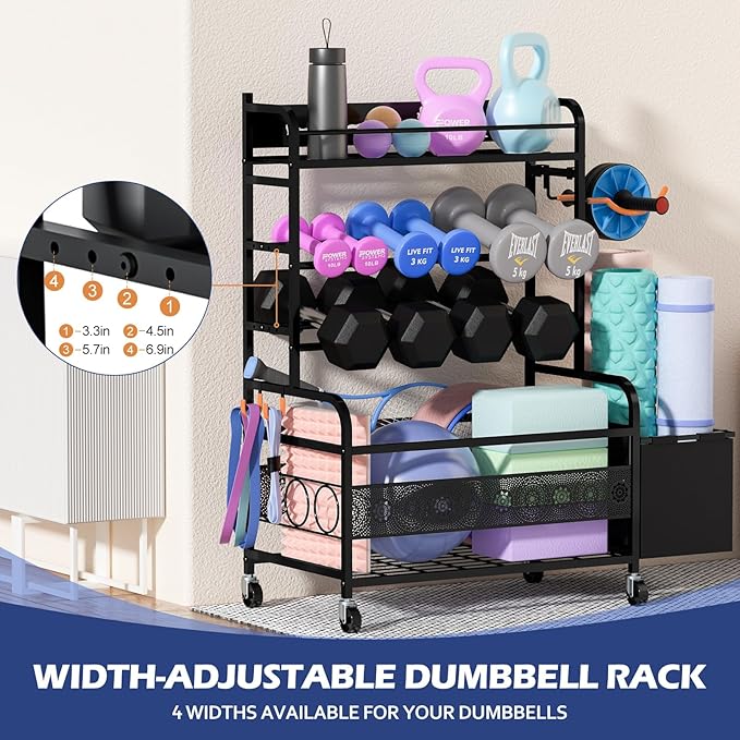 Weight Rack for Dumbbells, Home Gym Storage for Dumbbells Yoga Mat Kettlebells and Balls, All in One Workout Equipment Storage with Wheels and Hooks