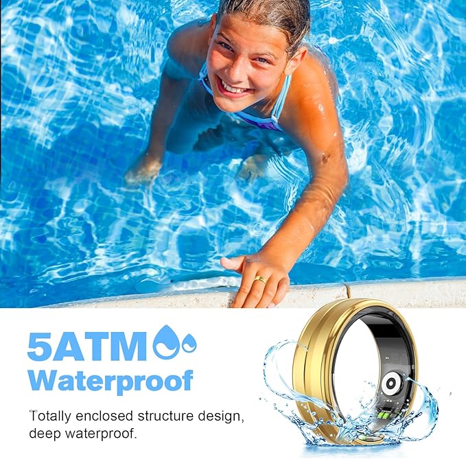 Smart Ring Health Tracker for Men/Women,Fitness Ring Sleep Tracker,Fast Charging for Long-Lasting Use,for Pedometer Exercise,Monitor Sleep, Heart Rate, Stress,Waterproof (Gold, 8)