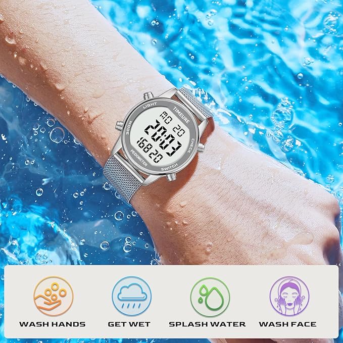 Women's Step Counter Pedometer Watch with Stainless Steel Bracelet, Stylish Design, No App, No Charging Needed for Step, Calorie, Distance, Alarm, Countdown Timer,TU-2401