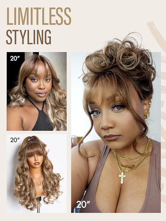 GORGIUS Glueless Wavy Wig with Bangs Balayage Blonde Synthetic Curtain Bang Wig with Realistic Scalp 22 Inch