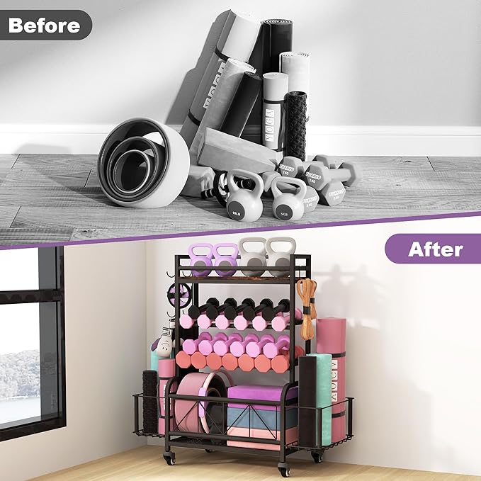 Dumbbell Rack, Home Gym Storage, Gym Storage Rack with Hooks and Wheels,Gym Equipment Storage,Weight Rack for Dumbbells for Organizing Yoga Mats, Kettlebells,Dumbbells, Foam Rollers and ball