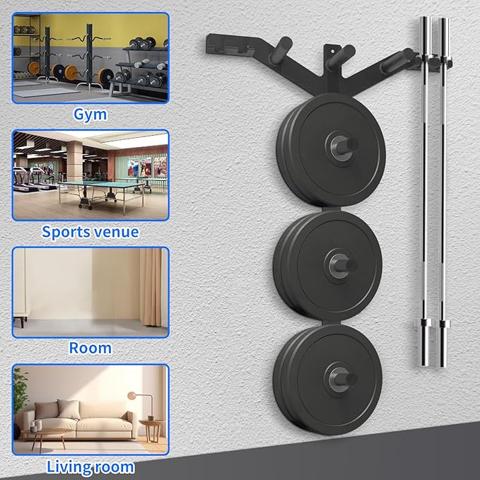 Wall Weight Plate Holder and Barbell Holder, 6 Pegs & 4 Barbell Storage Racks Load Up to 1190 LBS, Wall Mounted Weight Plate Holder, Bumper Plate Storage for Home Gym, Fit 2" Olympic Plates