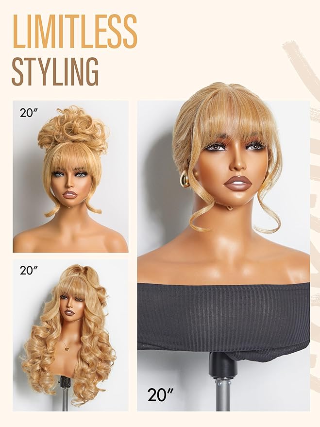 GORGIUS Glueless Wavy Wig with Bangs Honey Blonde Synthetic Curtain Bang Wig with Realistic Scalp 22 Inch