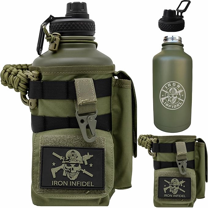 Iron Infidel Battle Bottle - Half Gallon Insulated Water Bottle with Paracord Handle, Large 64 oz Stainless Steel Water Jug with Rugged, Removable Sleeve for Keys, Wallet & Phone (Gangrene 2L)