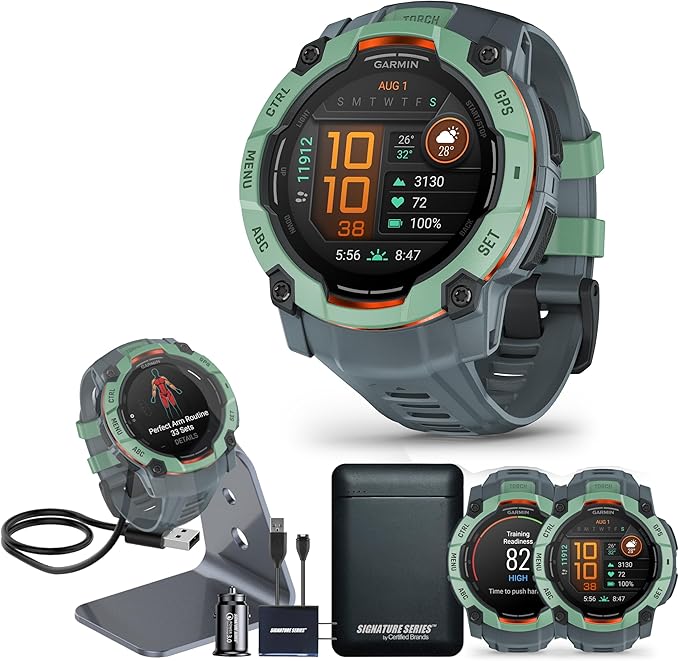 Garmin Instinct 3 Advanced GPS Adventure Watch, Neo Tropic with Twilight Band | 50mm AMOLED Display | Wrist Based Heart Rate Monitor, Up to 24 Days of Battery Life with Signature Stand Power Bundle