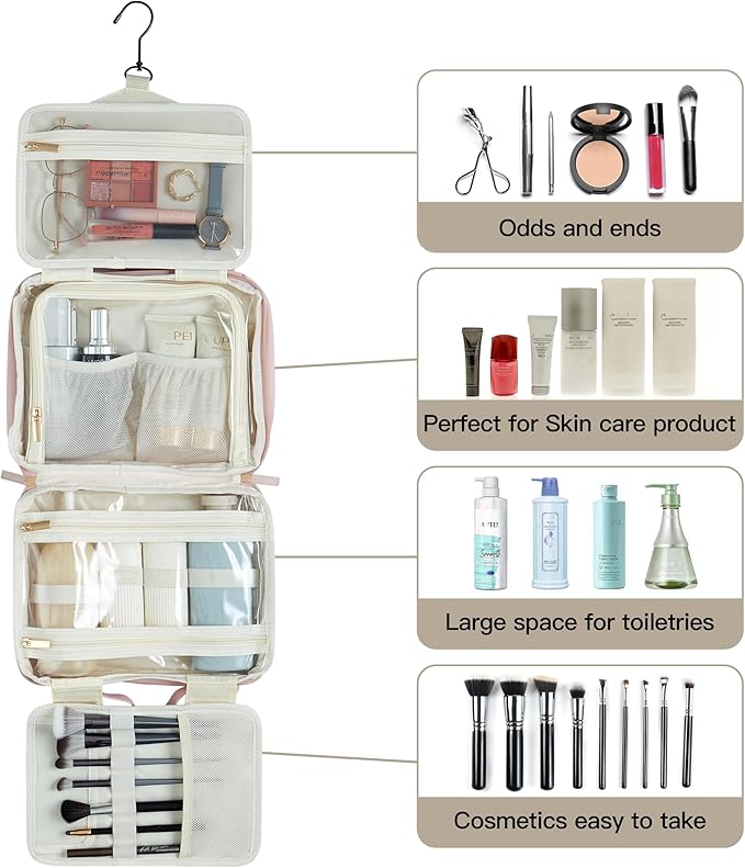 Toiletry Bag, Travel Bag for Women & Men, Portable Cosmetic Bag with Hanging Hook, Durable, Waterproof for Shampoo, Makeup, Essentials, Toiletries Acessories (Pink)