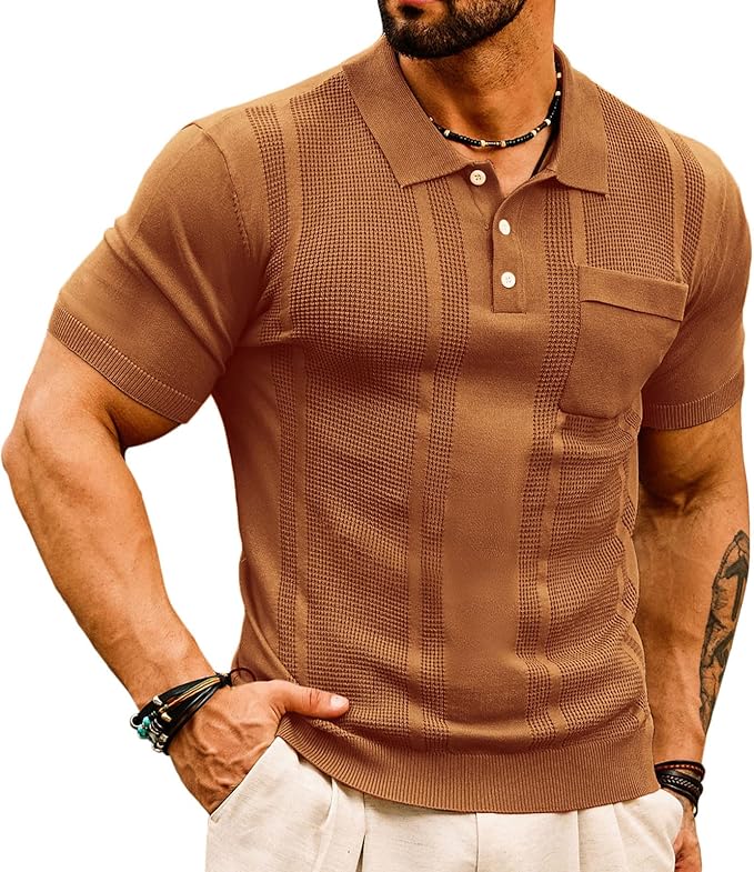 GRACE KARIN Mens Knit Polo Shirts Short Sleeve Knitted Texture Lightweight Waffle Golf Shirts Sweater
