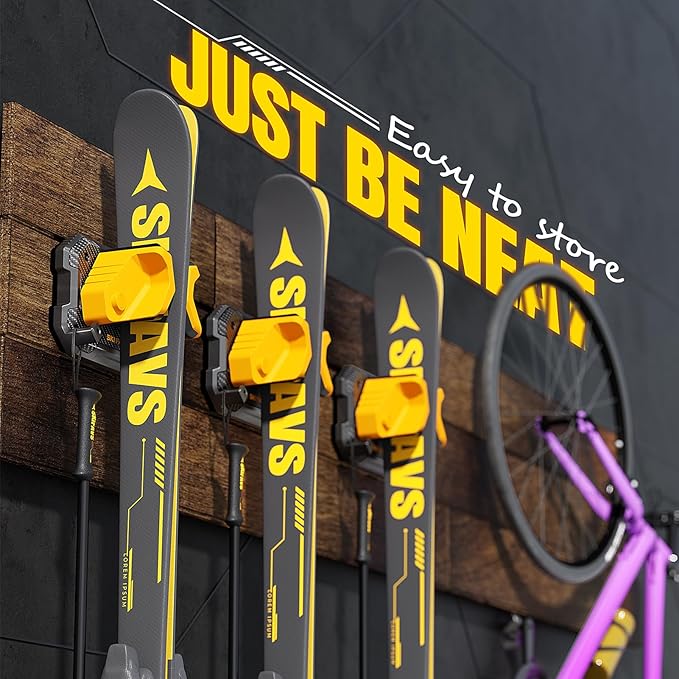 Ski & Snowboard Wall Rack for Garage - Fits Any Ski/board, Damage-Free Storage, Yellow, 1 Pack