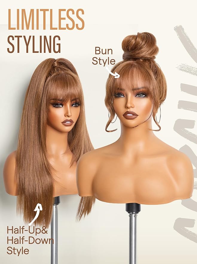 GORGIUS Straight Glueless Wig with Bangs Honey Brown Layered Hair Ready-to-Go Synthetic Bang Wigs with Realistic Scalp 24 Inch