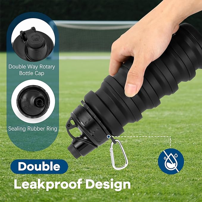 Collapsible Water Bottles 17oz, Reuseable BPA Free Silicone Foldable Water Bottle With Carabiner, Lightweight Leakproof Travel Water Bottle for Gym, Traveling, Camping, Hiking, Sports-Black