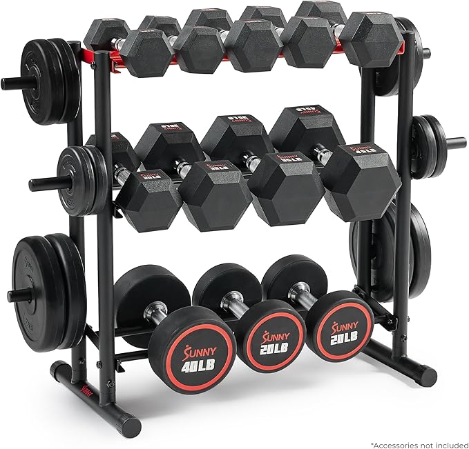 Sunny Health & Fitness Multi-Weight Storage Rack Stand for Dumbbells, Kettlebells, Olympic Weight Plates, Barbell, Medicine Ball