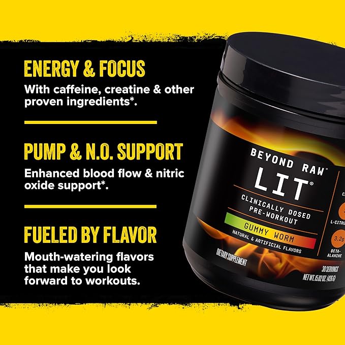 Beyond Raw LIT PreWorkout Powder Supplement For Men and Women, Energy, Focus, Endurance, Pumps, Nitric Oxide Boost, 250mg Caffeine, Creatine, Beta Alanine, Orange Mango, 30 Servings