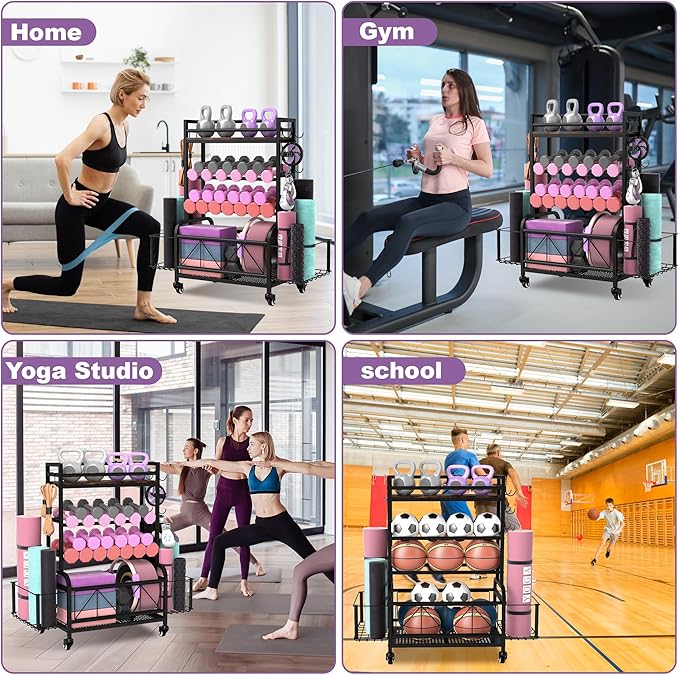 Dumbbell Rack, Home Gym Storage, Gym Storage Rack with Hooks and Wheels,Gym Equipment Storage,Weight Rack for Dumbbells for Organizing Yoga Mats, Kettlebells,Dumbbells, Foam Rollers and ball