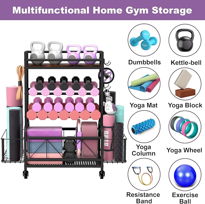Dumbbell Rack, Home Gym Storage, Gym Storage Rack with Hooks and Wheels,Gym Equipment Storage,Weight Rack for Dumbbells for Organizing Yoga Mats, Kettlebells,Dumbbells, Foam Rollers and ball