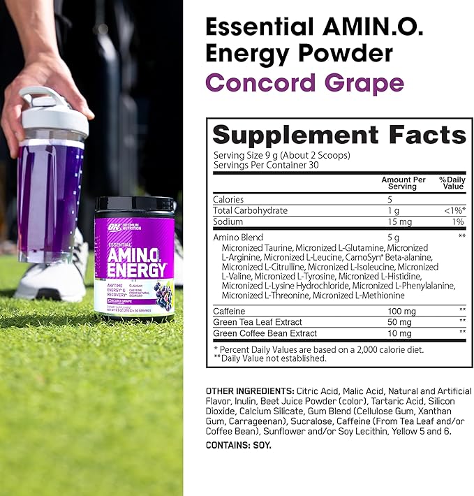 Optimum Nutrition Amino Energy - Pre Workout with Green Tea, BCAA, Amino Acids, Keto Friendly, Green Coffee Extract, Energy Powder - Concord Grape, 30 Servings