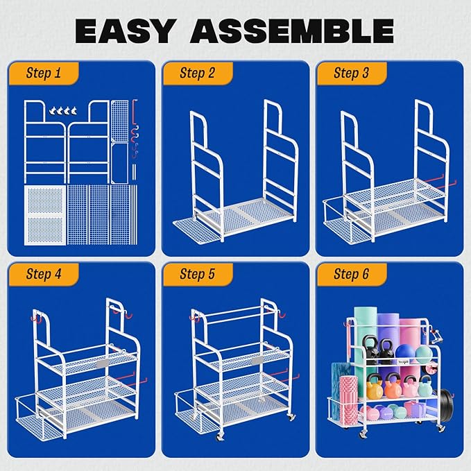 Yes4All Dumbbell Rack, Weight Rack for Home Gym, Sports Equipment Organizer for Dumbbells Kettlebells Yoga Mat Foam Roller and Balls, All in One Gym Workout Storage with Wheels and Hooks