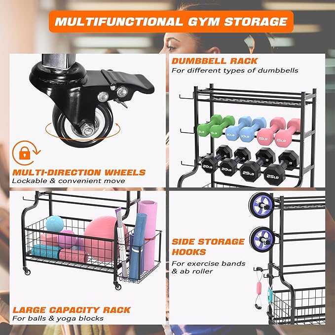 Dumbbell Rack Home Gym Weight Rack for Dumbbells, Kettlebells, Foam Rollers, Yoga Mats and Resistance Bands, Workout Gear Organizer With Wheels