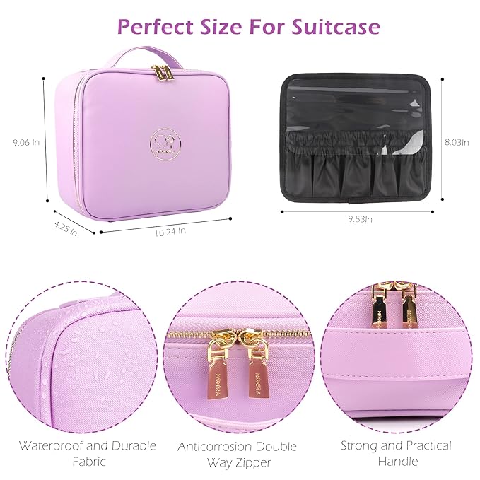 MOMIRA Makeup Bag with Mirror and Light Travel Makeup Train Case Cosmetic Bag Organizer Portable Artist Storage Bag with Adjustable Dividers Makeup Brushes Storage Organizer Purple