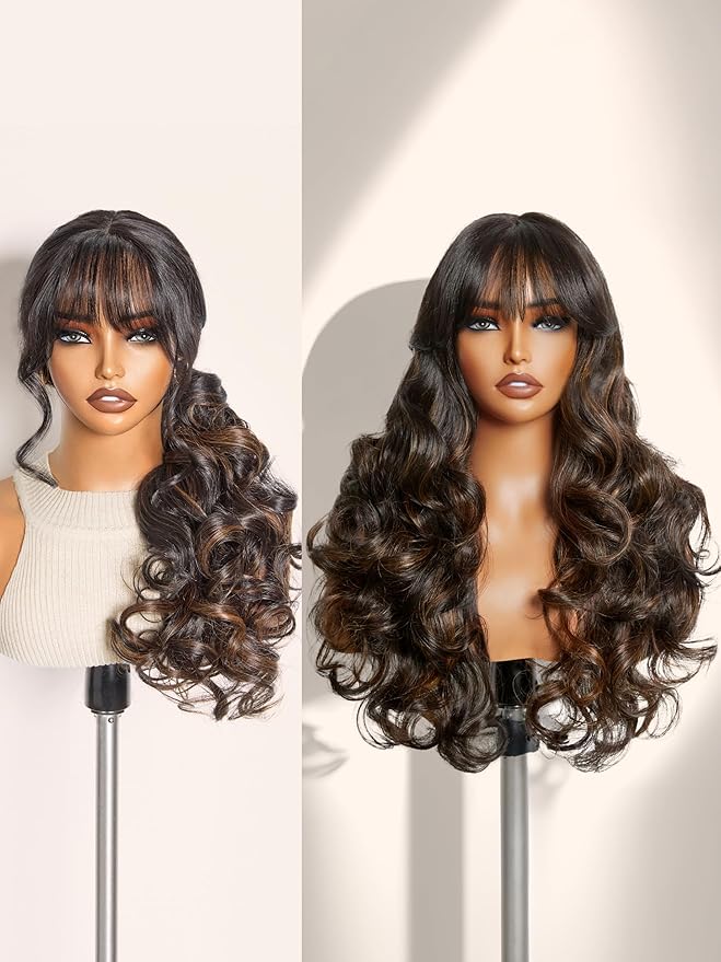 GORGIUS Glueless Wavy Wig with Bangs Highlight Brown Synthetic Curtain Bang Wig with Realistic Scalp 22 Inch
