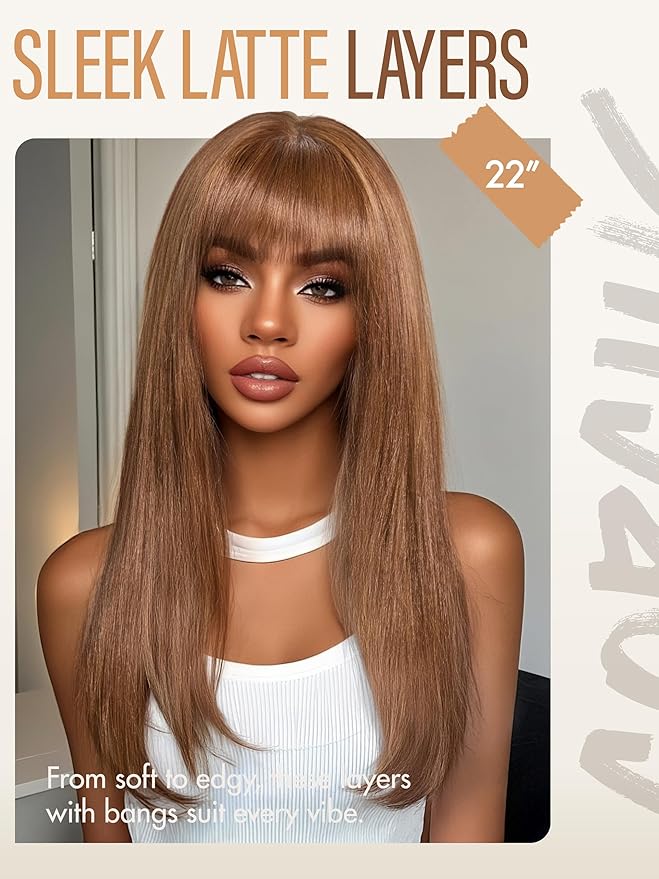 GORGIUS Straight Glueless Wig with Bangs Honey Brown Layered Hair Ready-to-Go Synthetic Bang Wigs with Realistic Scalp 24 Inch