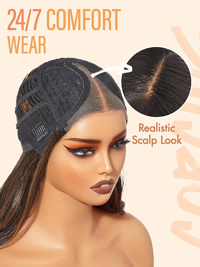 GORGIUS Glueless Wavy Wig with Bangs Highlight Brown Synthetic Curtain Bang Wig with Realistic Scalp 22 Inch