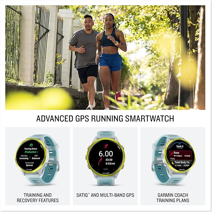 Garmin Forerunner 570 Running Smartwatch, 47MM WiFi, GPS Fitness Watch for Men and Women, Amp Yellow Aluminum with Translucent Whitestone/Turquoise Band + Access 600 Fitness Monitor, XS-S + More