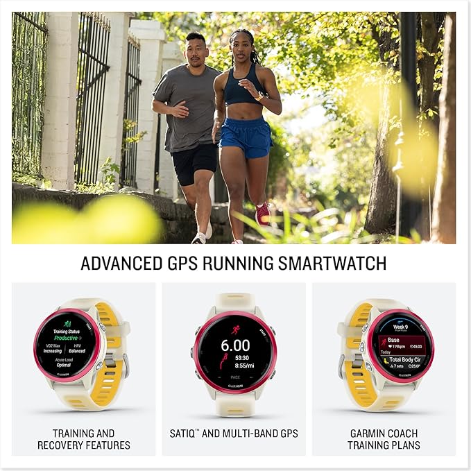 Garmin Forerunner 570 Running Smartwatch, 42MM WiFi, GPS Fitness Smart Watch for Men and Women, Raspberry Aluminum with Translucent Bone/Mango Band + Access 600 Fitness Monitor, XS-S + More